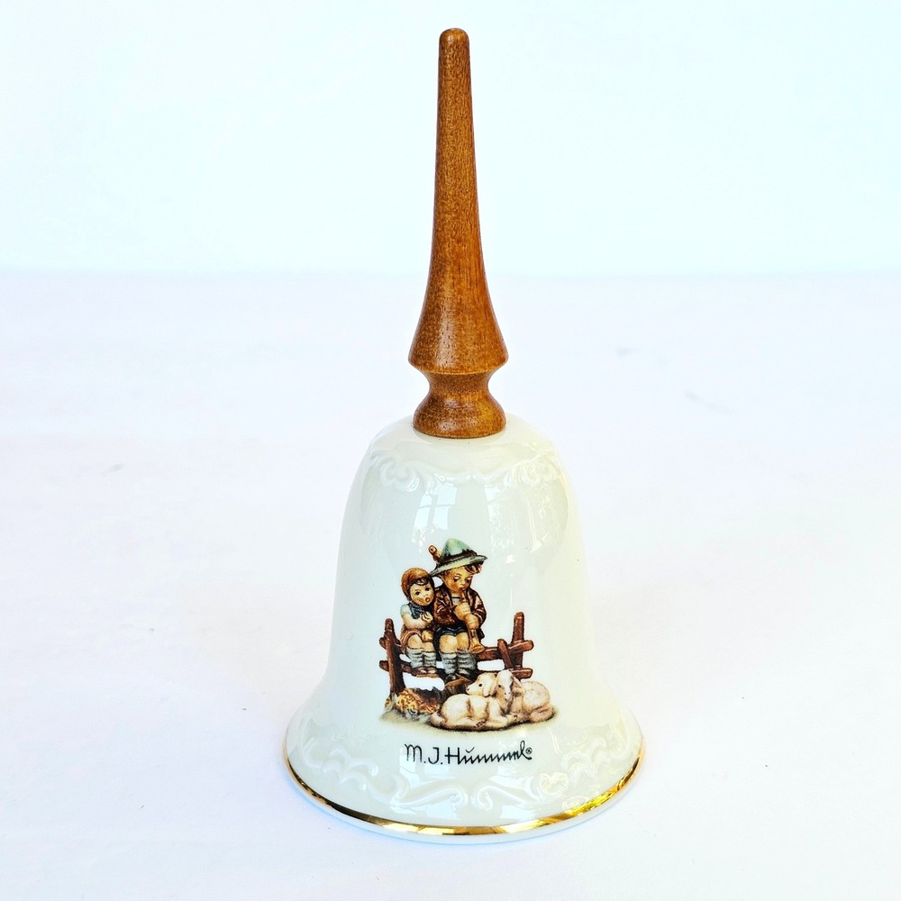 Vintage M.J. Hummel Eventide Porcelain Bell Wood Handle Collectible Cottagecore